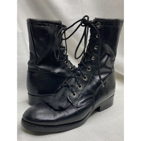 VTG Combat Boots Kiltie Granny Lace Black‎ Leather Ropers Wrangler W’s 6 USA - Picture 1 of 16